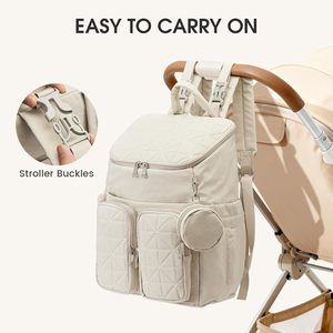 Sac à dos pour couches pour mamans et papas, sac de voyage pour bébé avec étui pour sucette et poches isothermes, beige - Product Image 3
