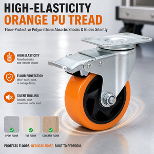 Roue pivotante robuste de 5 pouces avec bande de roulement en PU orange, silencieuse et protectrice pour le sol, pour chariot - Product Image 1