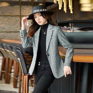 Womens Wool Blazer Dark Gray Solid Color Anti-Wrinkle Autumn Winter Casual Top Coat - Product Image 3