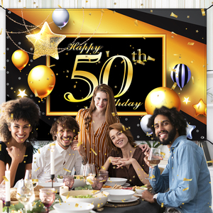FSFLAG Moderne Grand 50e <span class=keywords><strong>Anniversaire</strong></span> Toile de Fond Décorations Happy70 X 47 Pouces Noir Or Polyester Bannière Femmes Hommes Articles De Fête - Product Image 4