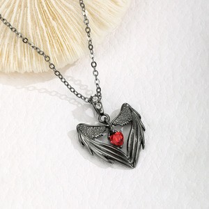 Angel <b>Wings</b> Heart Pendant Necklace Zinc Alloy <b>Black</b> Silver Color Claw Setting Themed Pendants Gift Occasion - Product Image 2