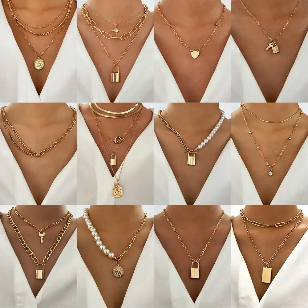 Trendy Multilayer Pearl Cross Gold Metal Chain Necklace For Women Boho locket Portrait Coin Pendant Necklace