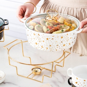 Nordic Star and Moon Gold Ceramic Soup Pot with Two Ears on an Iron Frame and Candle Holder - Product Image 2