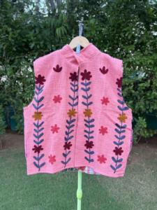 Premium Knitted TNT Embroidery Sleeveless Short Winter <b>Women</b> Handmade Floral Artisan Ethnic Fashion <b>Lightweight</b> Cotton <b>Bomber</b> - Product Image 3