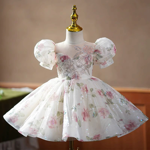 Boutique Rosa estampado floral princesa niñas vestidos esponjosos niños ropa de boda niñas fiesta vestido de graduación 1 a 14 años - Product Image 1