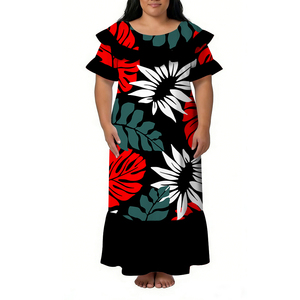 Abito Lungo Estivo Personalizzato all'Ingrosso Stile Hawaii con Collo Tondo e Stampa Polinesiana, Vestito da Donna con Doppia <span class=keywords><strong>Manica</strong></span> <span class=keywords><strong>Corta</strong></span> a Volant - Product Image 5