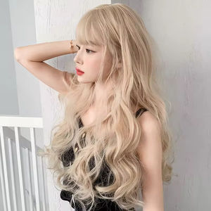 Perruque blonde avec frange, synthétique de luxe, longue, ondulée, sans dentelle, 24 pouces, résistante à la chaleur, style crépu bouclé, crochet, fabriquée en Chine - Product Image 2