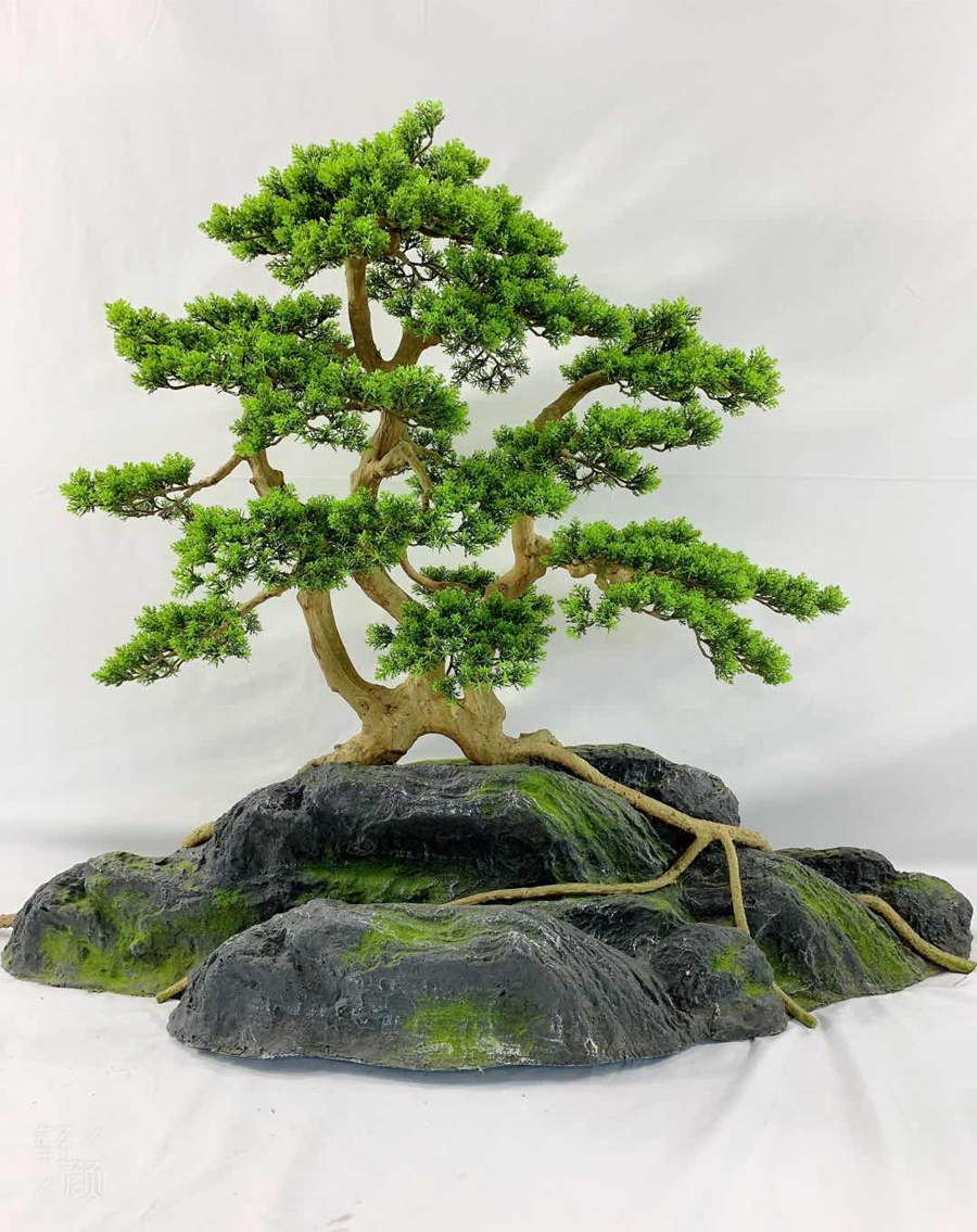 Оптовая продажа, УФ-защита, уникальный ствол из стекловолокна, искусственный приветственный гостевой кедр с каменным горшком, зеленые сосновые растения