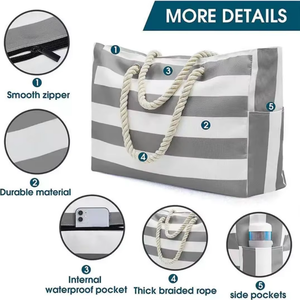 Pack World High Quality Striped Waterproof Large Beach <b>Tote</b> Bags Travel Outdoor Zipper Closure Custom Printed Logo Canvas - Product Image 3