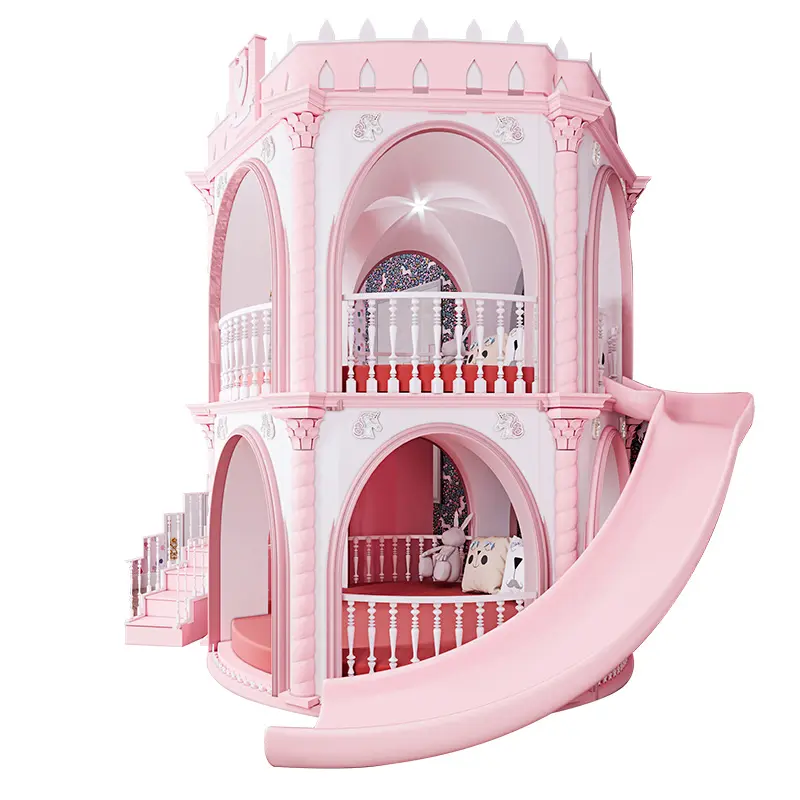 European Luxury Beautiful Children Castle Bedroom With Stairs For Double Twin Kid Pink Bunk Bed With Storage And Slide