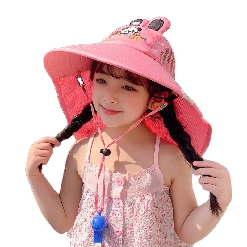 Custom Panda Pattern Cartoon High Quality Cute Sun Visor Hat For Boys Girls Large Brim Children Uv Neck Protection Hats