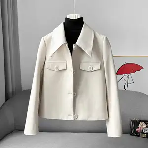 New Short Pequeno Couro Genuíno Roupas Femininas Branco Slim Jacket Pele De Ovelha Terno Pequeno Jaqueta