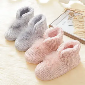 Fashion Feather Decoration Ankle Height Winter Faux Fur Indoor Ladies <strong>Knit</strong> <strong>Boots</strong> - Product Image 1