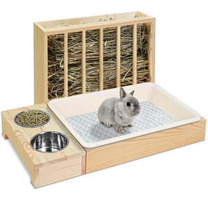 Support d'alimentation moderne en bois massif à motif personnalisé pour lapins, avec abreuvoir de 1,5 L et bac à litière pour petits animaux - Product Image 1