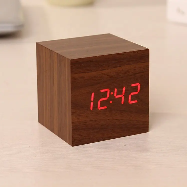 Wooden alarm clock digital LED despertador de madera madera reloj Thermometer logo custom promotional gift desk table wood clock