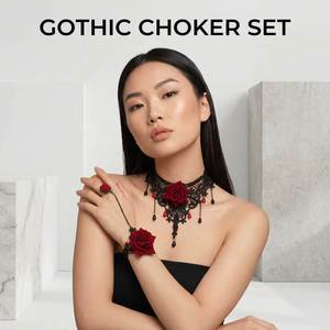 Ensemble collier et bracelet en dentelle noire et rouge gothique, bijoux vintage pour costume d'Halloween, accessoires pour femmes - Product Image 4