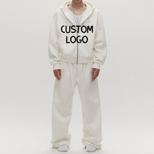 Set Felpa con Cappuccio Bianca Casual Best Seller, Giacca con Zip e <span class=keywords><strong>Pantaloni</strong></span> a Gamba Larga, Completo Due Pezzi - Product Image 2