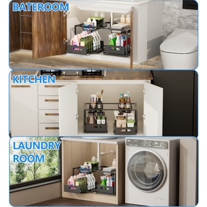 2 Tiers Width Adjustable Expandable Under Sink Pull Out Cabinet Organizer Sliding Drawer Storage Metal Rack For <strong>Bathroom</strong> <strong>Kitchen</strong> - Product Image 5