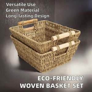 Good Selling Woven Set of 3 <b>Sea</b> <b>Grass</b> Storage <b>Baskets</b> Oval Eco-friendly Serving Tray With Wooden Handles for Living Room - Product Image 2