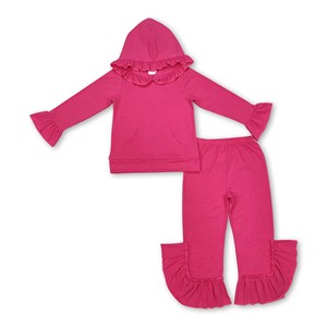 Wholesale <b>Toddler</b> Kids Girls 2pcs Solid Color Ruffle Long Sleeve <b>Hoodie</b> Top Pants Set Comfortable Cotton Outfits - Product Image 4