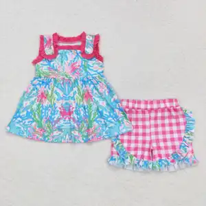 Sản Phẩm Mới Phương Tây Toddler Bé Boutique Trang Phục Trẻ Em Không Tay Màu Nước Ruffle Kẻ Sọc Quần Short Đặt Trẻ Em Cô Gái Quần Áo