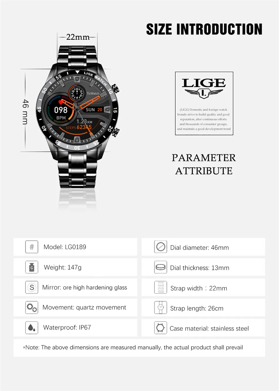 LIGE BW0189 New Smart Watch Men Full Touch Screen Sports Fitness Watch IP67 Waterproof For Android ios smartwatch Men