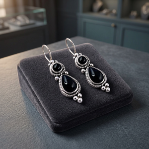 Boucles d'oreilles pendantes vintage en onyx noir pour femme, serties de pierres en argent tibétain, bijoux fantaisie en forme de goutte d'eau, cadeau - Product Image 4