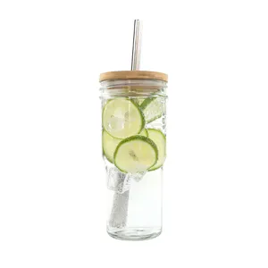 Wide Mouth Customized 22oz/24oz Nesting Glass Mason Jar With Bamboo Lids SS Straw and Cleaning Brush