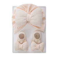 Ensemble de chaussettes et bonnet pour nouveau-né, couleur unie, avec nœud, chaussettes en coton pour bébés filles, chaussettes courtes pour bébés