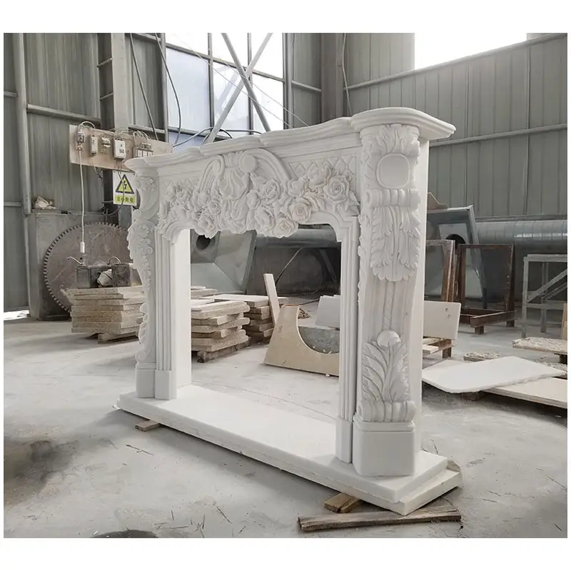 HZX Hand Carved Surround Mantel Limestone Stone Fireplace Fireplace Marble
