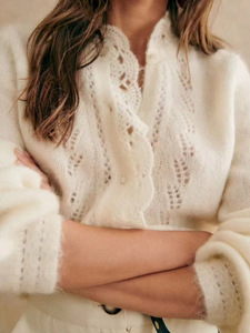 2025 conception personnalisée Logo printemps automne confortable froid manches bouffantes Pointelle <span class=keywords><strong>Cardigan</strong></span> tricoté ouvert pull haut pour les femmes - Product Image 2