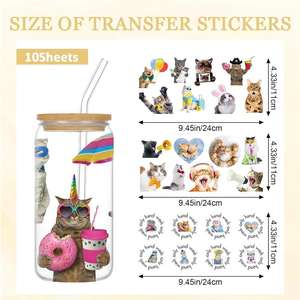 Pegatinas de Transferencia UV Personalizadas Ecológicas con Diseño de Gato de Dibujos Animados para Envolturas de Vasos de 16 oz, Resistentes al Agua para Botellas y Tazas - Product Image 2
