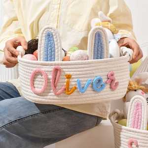 Personalized Name Laundry <b>Basket</b>, Cotton Rope <b>Basket</b>, Diaper Clothing Storage Organizer Bin, Bedroom Bathroom Decorations - Product Image 1