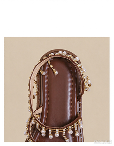 Sandales romaines à bout ouvert pour femmes, ornées de strass dorés brillants, avec pompon en perles marron, sandales de plage féériques d'été, confortables à porter - Product Image 4