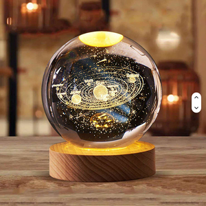 Système <span class=keywords><strong>solaire</strong></span>, lune, planète, nébuleuse, base en bois, art sculpté en 3D, base en bois, boule de cristal, <span class=keywords><strong>lampe</strong></span> de nuit - Product Image 1