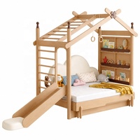 Lit mezzanine moderne en chêne massif pour enfants, taille Queen, avec toboggan, structure d'escalade, barres de grimpe, espace de rangement multifonctionnel et design gain de place