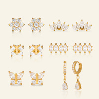 SET Anting-anting Cantik NEW BOHO CROWN MINI BUTTERFLY ZIRCON, Anting-anting Dazan INS Lapisan Emas 18k, Baja Anti Karat Hipoalergenik