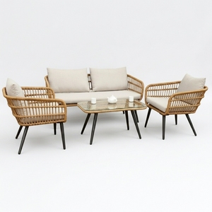 Juego de Muebles de Ratán Tejidos a Mano, Resistentes a la Intemperie, Estilo Boho, Color Beige Suave, 4 Piezas, Sofá, Sillón, Mesa de Centro de Vidrio para Jardín - Product Image 1