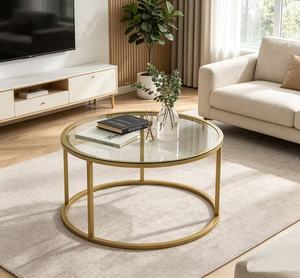 <span class=keywords><strong>Table</strong></span> <span class=keywords><strong>basse</strong></span> ronde <span class=keywords><strong>en</strong></span> <span class=keywords><strong>verre</strong></span> transparent avec structure métallique robuste, best-seller pour salon et bureau à domicile - Product Image 1