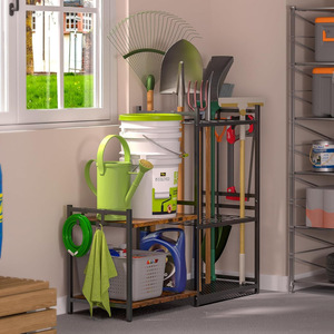 Cross-border heavy-duty garage tool rack, double-layer wooden shelves with <b>hooks</b>, <b>gardening</b> long-handled tool storage rack - Product Image 4
