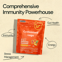 Gummies Halal 13-en-1 pour le soutien immunitaire, Vitamine C, D3, Zinc, Complexe Herbal, Saveur Ananas Acidulé, 28 Sachets Portables Quotidiens, Supplément OEM