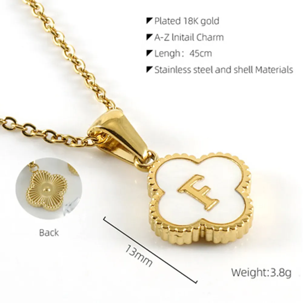 Groothandel Hot Selling Rvs Shell 18K Gouden Letter Hanger A-Z Vier Klaver Initail Charme Ketting Vrouwen Sieraden