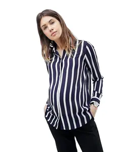 Fashion comfortable soft long sleeve maternity shirts striped blouses for maternity women