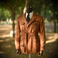 Veste de chasse rétro pour homme TT, style gentleman, multi-poches, en daim, avec ceinture, veste décontractée, veste safari en fausse peau de cerf