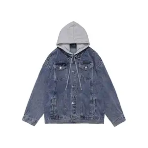 Şık moda unisex giyim sokak giyim denim ceket hoodie yeni varış kot denim ceket erkekler kapşonlu jean ceket