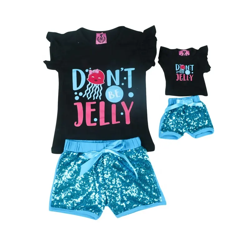 wholesale kids clothes boutique girl outfits black printed flutter shirts sequin shorts matching doll sets age 8 yrs clothes