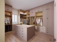 Système de rangement de chambre à coucher sur mesure avec armoire moderne de luxe, porte en verre fumé, dressing et éclairage LED