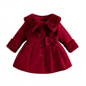 Manteau en peluche pour bébé fille, automne/hiver, col à revers, nœud, bouton en corne, 100% polyester, respirant, vêtements d'extérieur pour jeunes enfants - Cadeau chaud - Product Image 1