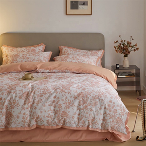 Algodón azul marco borde botánico patrón impreso lujo crujiente suave sábana ajustable conjunto 200 hilos juego de cama - Product Image 6