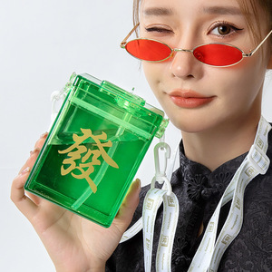 Chinese Style Mahjong Cup With Straw 500ml Reusable Portable Water Bottle With Shoulder Strap For Outdoor Use - Product Image 3